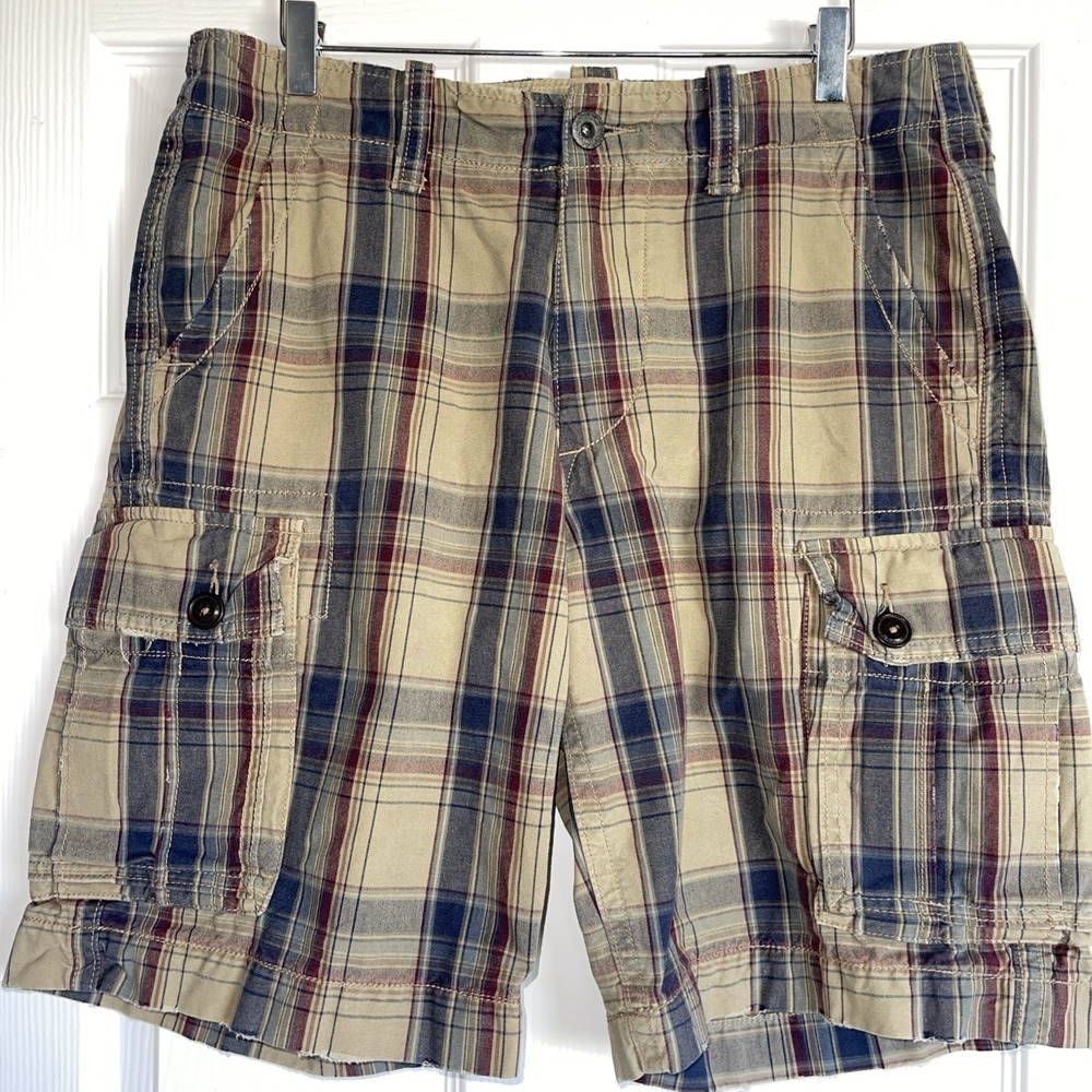 Vtg American Eagle Shorts Mens 32 Madras Plaid Camo Cargo Longer‎ Length Y2K